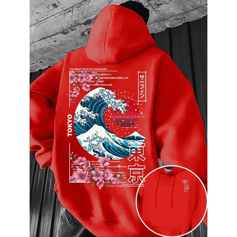 Ukiyo-E Great Wave Kanagawa Hoodie Men Aesthetic Sakura Tokyo Letter Graphic Sweatshirt Oriental Vintage Daily Hooded Pullover