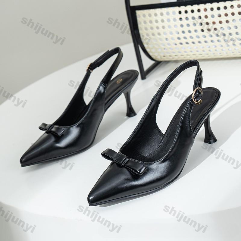 Fashion Black Slingbacks High-heeled Sandals Women 2025 Summer New Sexy Mid Heeled Bow High Heels Women Pointed Thin Heel Toe Sandals