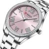CURREN NEW Luxury Stainless Steel Wristwatches for Ladies Romantic Rose Pink with Rhinestones Roman Numeral Dial