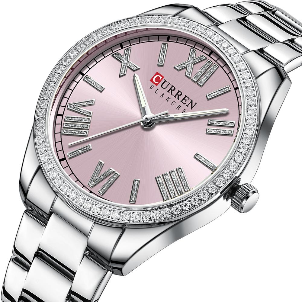 CURREN NEW Luxury Stainless Steel Wristwatches for Ladies Romantic Rose Pink with Rhinestones Roman Numeral Dial