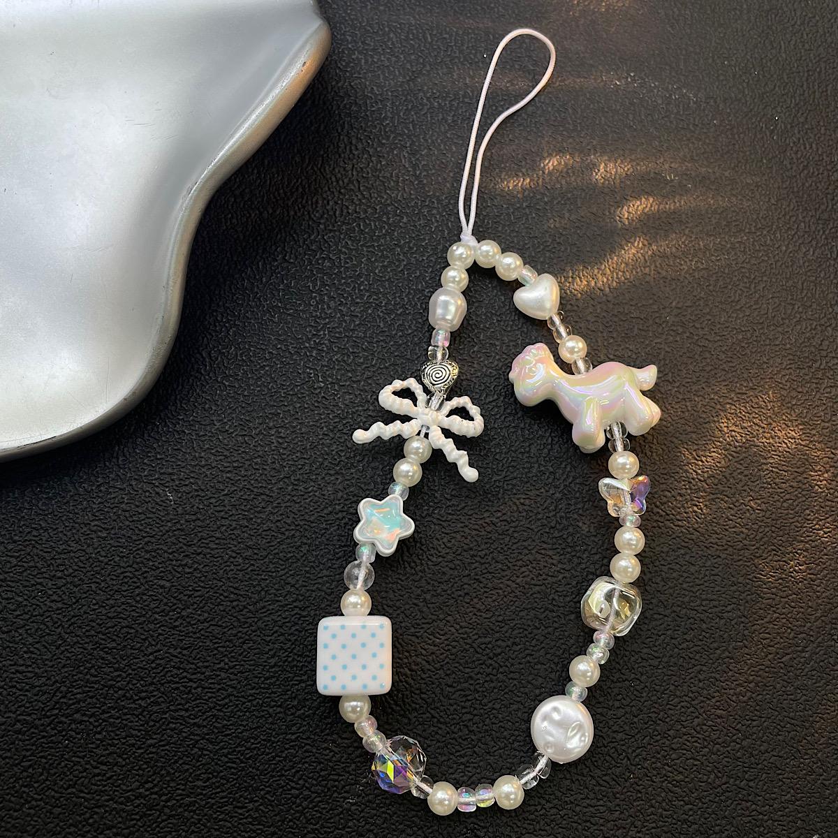 

ins style white pony bow beaded phone strap for ccd camera bag charm phone case lanyard