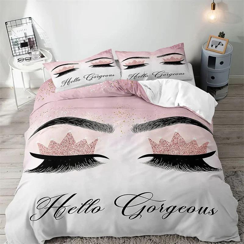 Hello Gorgeous Duvet Cover Rose Gold Shiny Eyelashes Makeup Charming Girl Fashion Bedding Three-piece Set