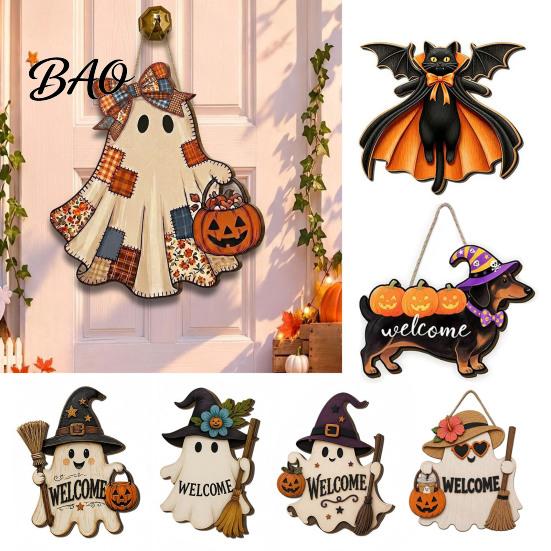 Wooden Hanging Decor Halloween Ghost Welcome Door Hanger, Cute Sign with Witch Hat & Pumpkin Rustic Wood Elements, Fall Indoor Outdoor Wall