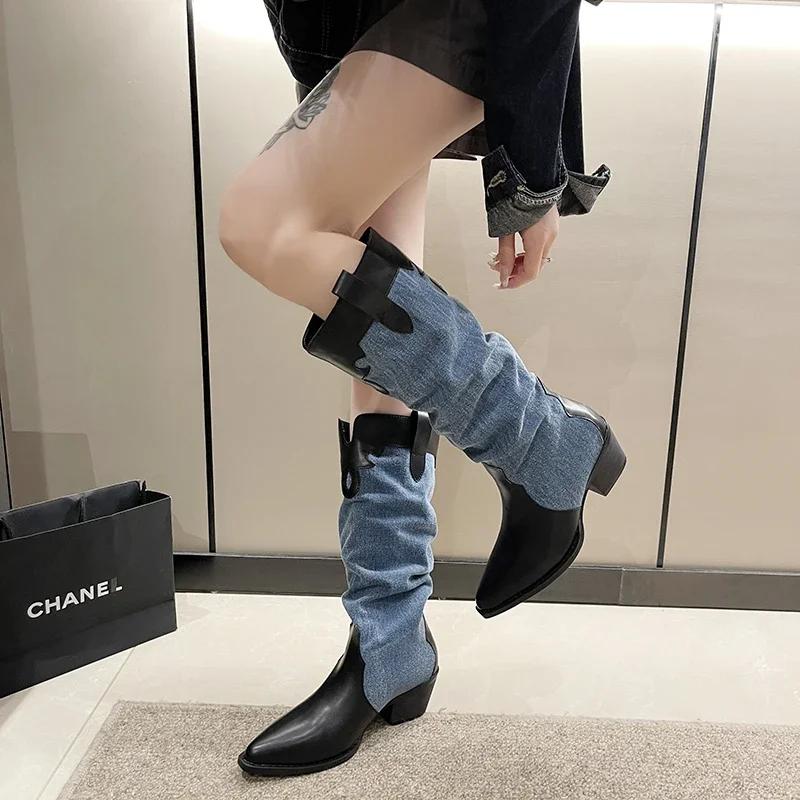 fashion Shoes for Women 2024 Fashion Sleeve Women's Boots Autumn Pointed Toe Mixed Colors High Tube Low-heeled Boots Zapatos De Mujer