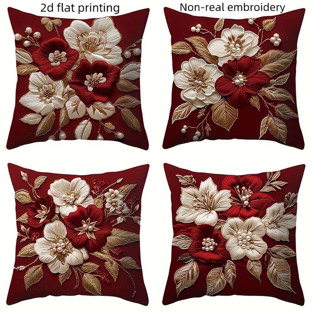1/4pcs Red Floral Embroidered Pillowcases with 2d Flat Printing and Non-real Embroidery Sofa Cushion Cover Home Room Decoration