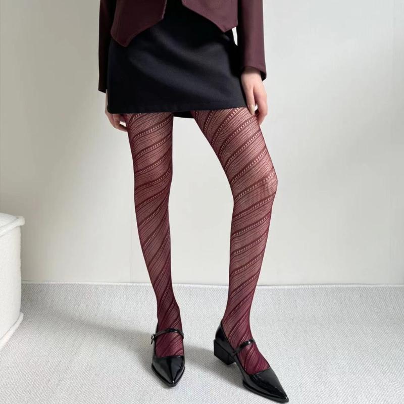 Aesthetic High Waist Fishnet Tights for Women Stretchy Pantyhose Elegant Hollowed Out Diagonal Stripe Mesh Stockings