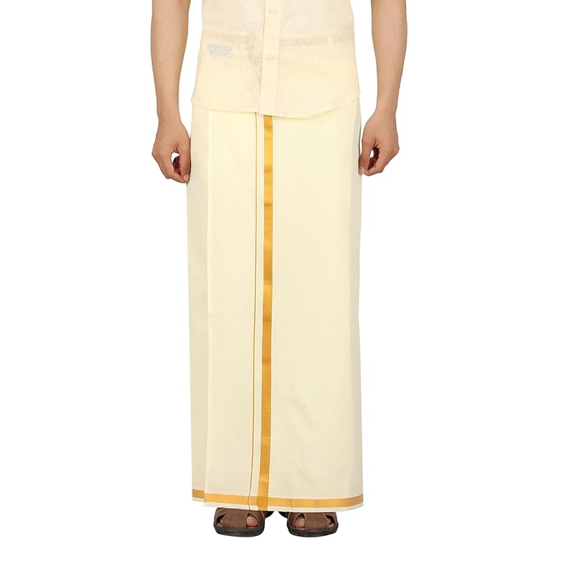 PRAKASAM COTTON Dhoti da Uomo Colore Bianco Bordo Jari Tasca con Velcro Cucito/Taglia Vita -34 pollici- Lunghezza- 42 pollici