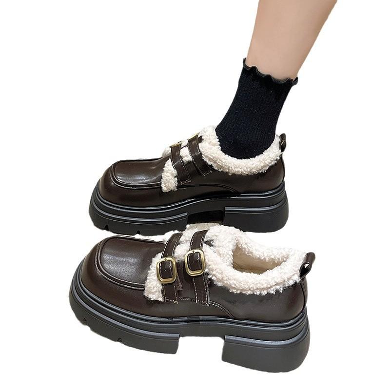 Platform small leather shoes women's autumn and winter velvet one-pedal lazy shoes high-heeled Mary Jane shoes