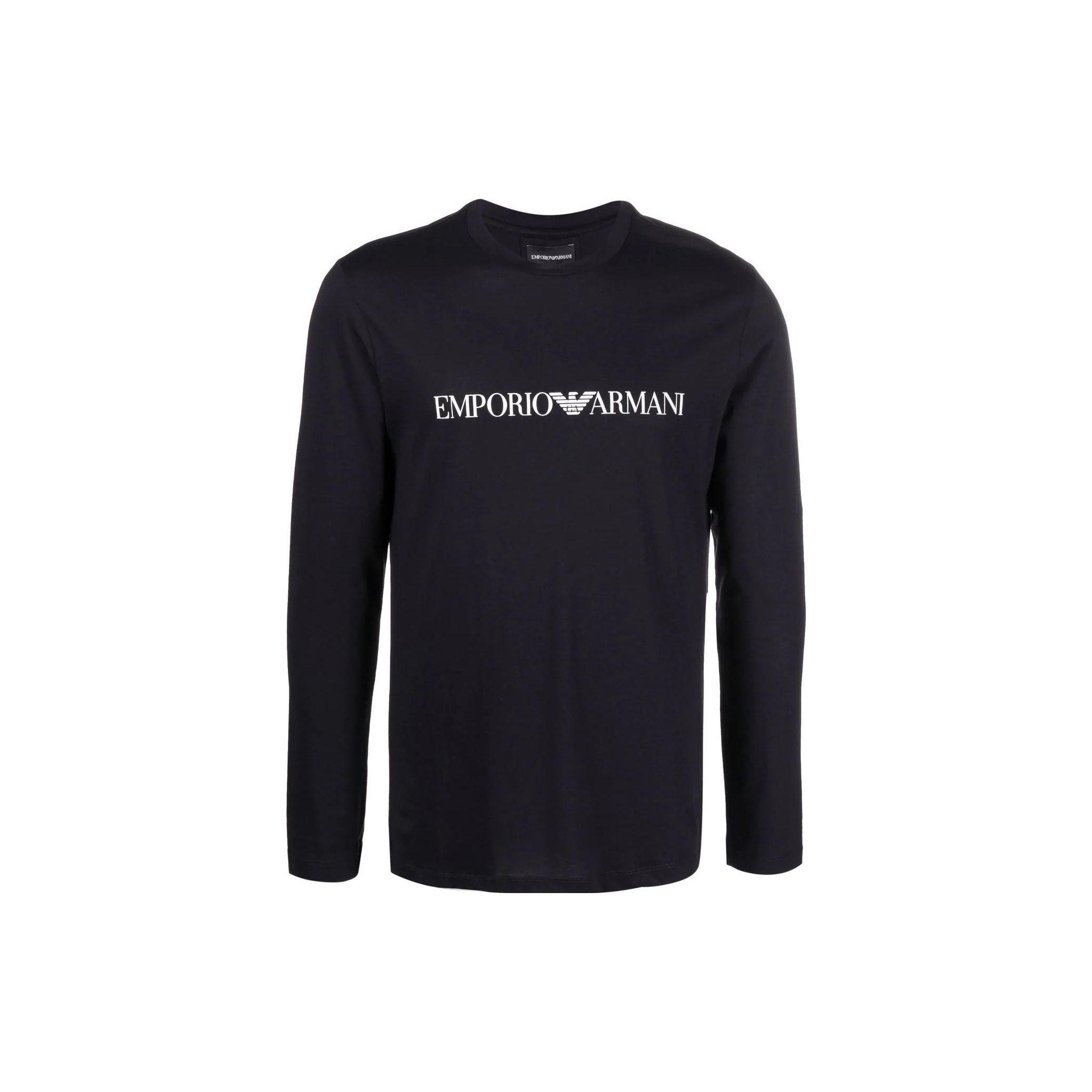 Emporio Armani Effen Kleur Letterprint Ronde Hals Recht Lange Mouwen T-shirt Heren tops Blauw 8N1TN8-1JPZZ-0974 XL