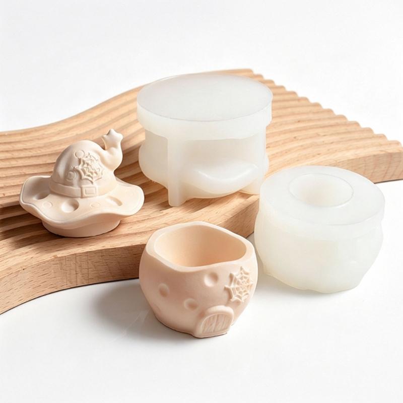 Witch Hat Silicone Candle Container Mould with Lid for Resin Casting, Mushroom House Silicone Mould for Halloween Decoration Storage Box Jewelry