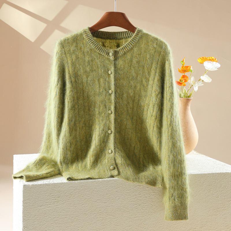 2026 Autumn/Winter Women's Cashmere Wool Cable Knit Cardigan - Long Sleeve, Round Neck Sweater Top