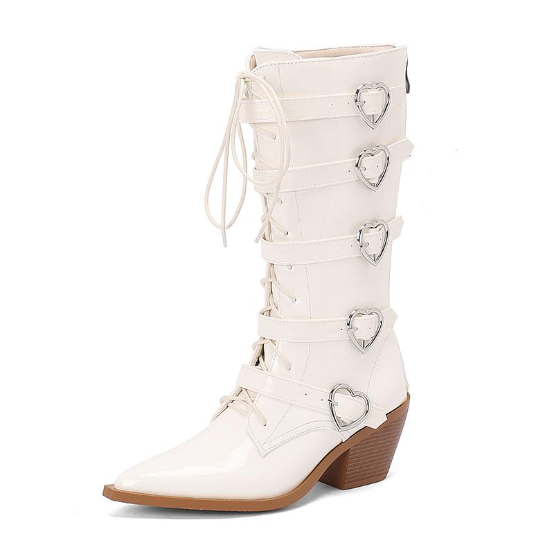 

Plus Size Five Row Heart-Shaped Metal Belt Buckle Pointed Cone Wood Grain Thick Heel Cross Tie Zipper Punk Style Mid-calf Boots 35 білий