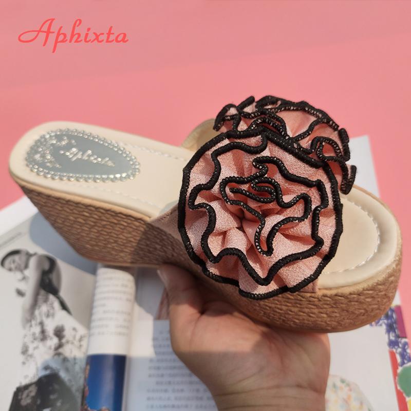 Aphixta Flower Wedge Heels Slippers Women 9cm Cow Suede Bow Women Mulers Female 4cm Platform Sandals Clog Shoes Slides Women