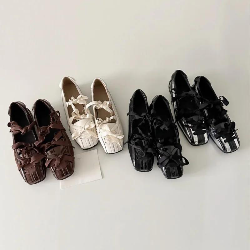 New Style Color Block Women Flats 2025 Mary Jane Square Toe Bow Sweet Women Shoes Casual Comfy Daily Dress Slip on Flats Shoes