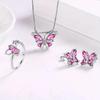 Four-piece set of butterfly stud earrings and rings with stylish, multicolored pendants, perfect for women's daily wear.