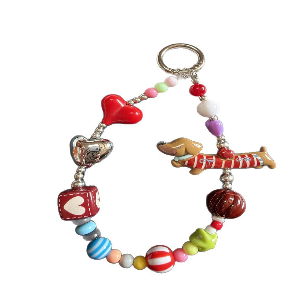Adorable Red Striped Dog Phone Lanyard with Beaded Cheese Flower Charm