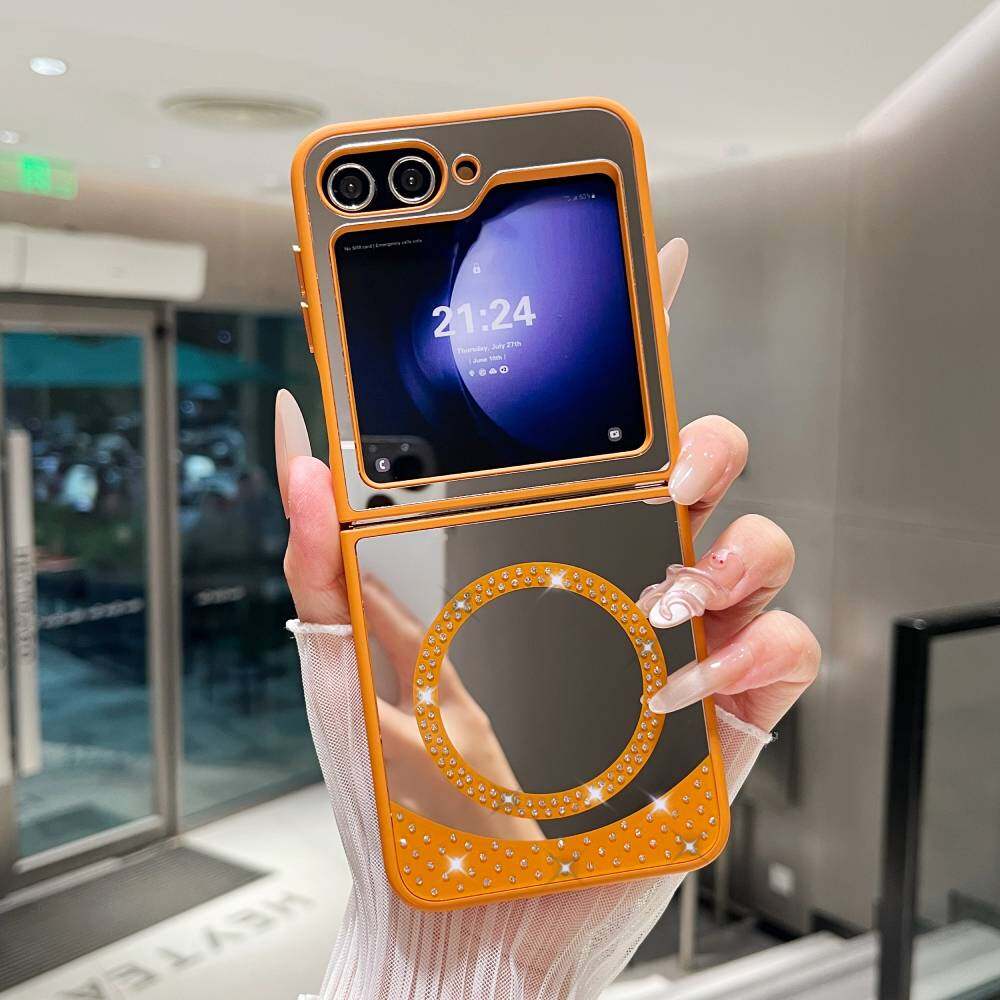 Zrcadlové pouzdro pro Samsung Galaxy Z Flip3/ Flip4/ Flip5/ Flip6 MagSafe magnetické bezdrátové nabíjení Módní make-up bonbónové barvy třpytky kryt na telefon