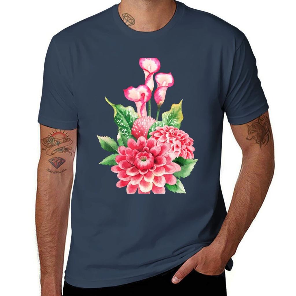 Watercolor bouquet of dahlia and calla lily flowers TShirt Plus Size Street Style Tee