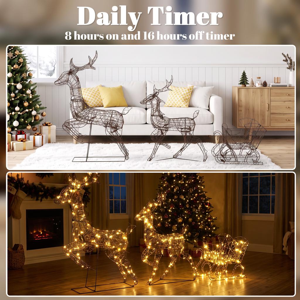 3-Piece Lighted Reindeer and Sleigh Set, PP Rattan Outdoor Christmas Decoration with LEDs, 8 Modes, Daily Timer