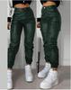 European & American Women's Slim Fit PU Motorcycle Pants with Zipper, Pleats, and Patch Pockets.