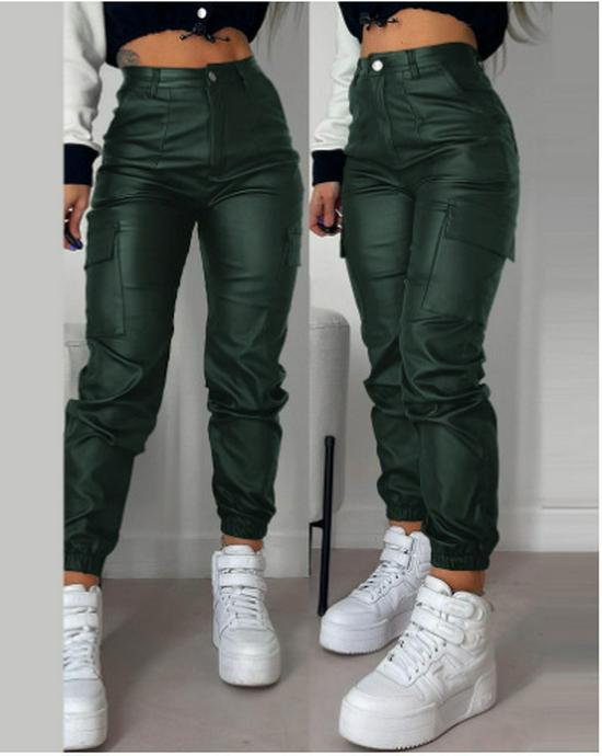 European & American Women's Slim Fit PU Motorcycle Pants with Zipper, Pleats, and Patch Pockets.