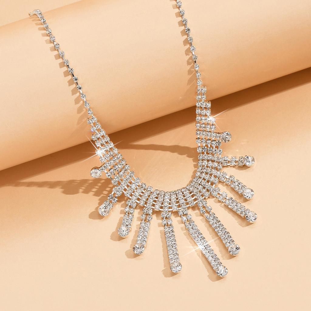 Women Chain Crystal Tassel Earrings Necklace Jewelry Set Wedding Banquet Party Holiday Gift