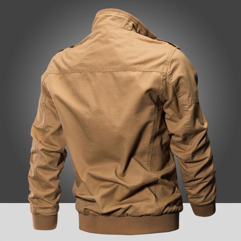 Men's Khaki Utility Jacket with Multiple Pockets, Zipper Button Front, Ribbed Cuffs and Hem