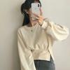 New Arrivals Open Run Women Round Neck Button Wide Rib Autumn Crop Sweatshirt