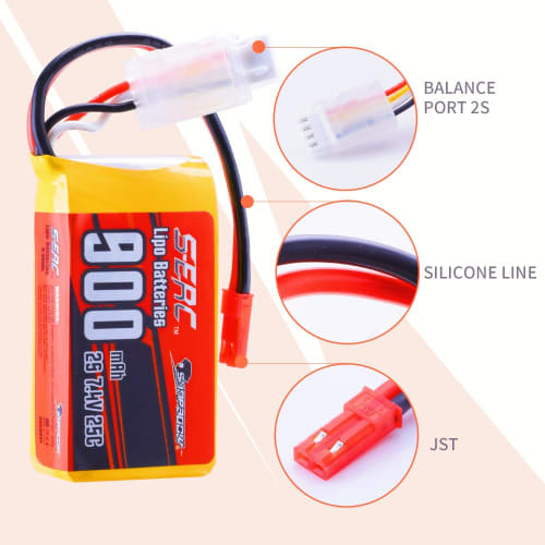 SUNPADOW 2S 7.4V LiPo Battery Pack, 900mAh 25C with JST Plug, Suitable for FPV and Drones, 2 Packs