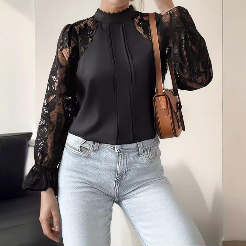 

Pring Autumn Women Blouse Casual Lace Ladies Tops Fashion Blouse Black S