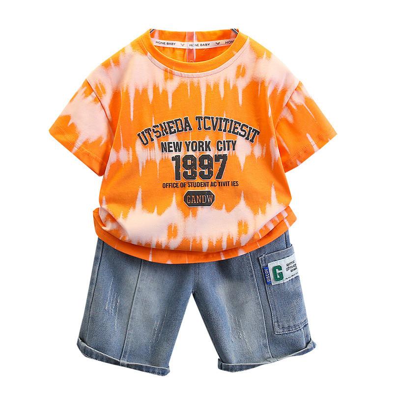Trendy Boys Summer Short Sleeve Outfit With Stylish Denim Shorts For Kids 3 To 8 Years Old