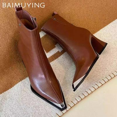 Leather Chunky Women Ankle Boots Pointed Toe High Heels Sexy Shoes  Trend Fashion New Pumps Winter Chelsea Botas De Mujer