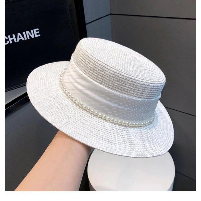

Новая летняя шляпа от солнца, модная шляпа-цилиндр из плетения жемчужной травы для женщин, пляжная шляпа для моря, шляпа из травы с плоским верхом для путешествий M（56-58cm） белый