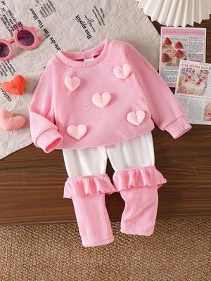 European & American Style Girls' Pink Long-Sleeve Sweatshirt and Pants Set