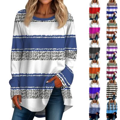 Womens Oversized Striped Color Block Long Sleeve Shirt Crewneck Pullover Striped T-shirt Top Pullover