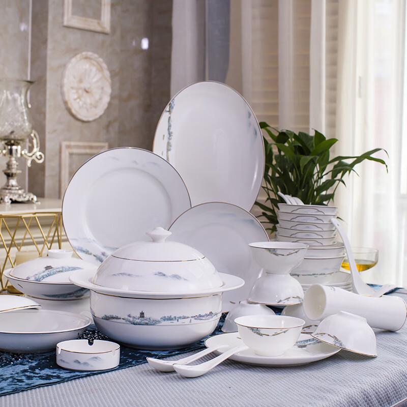 Lingshi 58-Piece Bone China Dinnerware Set - Xizi Misty Rain