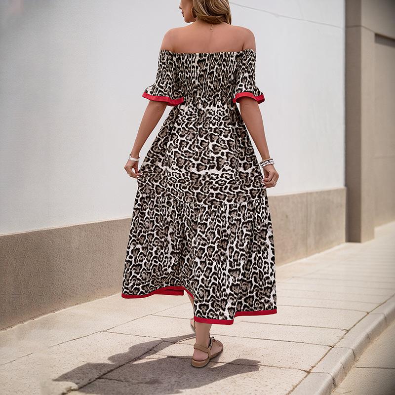 2025 new retro off-the-shoulder mid-length dress fashionable personalized lotus leaf sleeve leopard print dress
