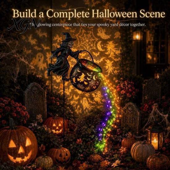 Garden Ornaments for Outside Decor Halloween Witch Stake Light Outdoor Decoration, 33.5 Inch Waterfall-Style Iron Stakes Lawn Cauldron