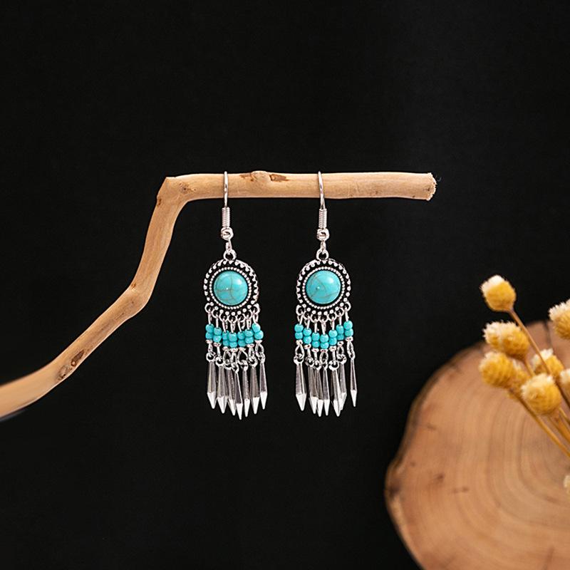 Retro Ethnic Turquoise Earrings: Blue Hollow Flower, Tassel, Owl, and Water Drop Designs