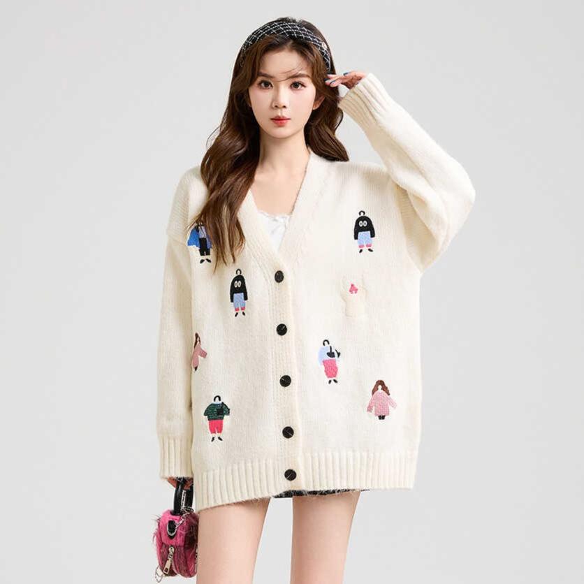 Dimanaf Winter 2025 Autumn Cardigan Embroidery Women Buttons Sweaters Knitting Fashion Loose Sweater
