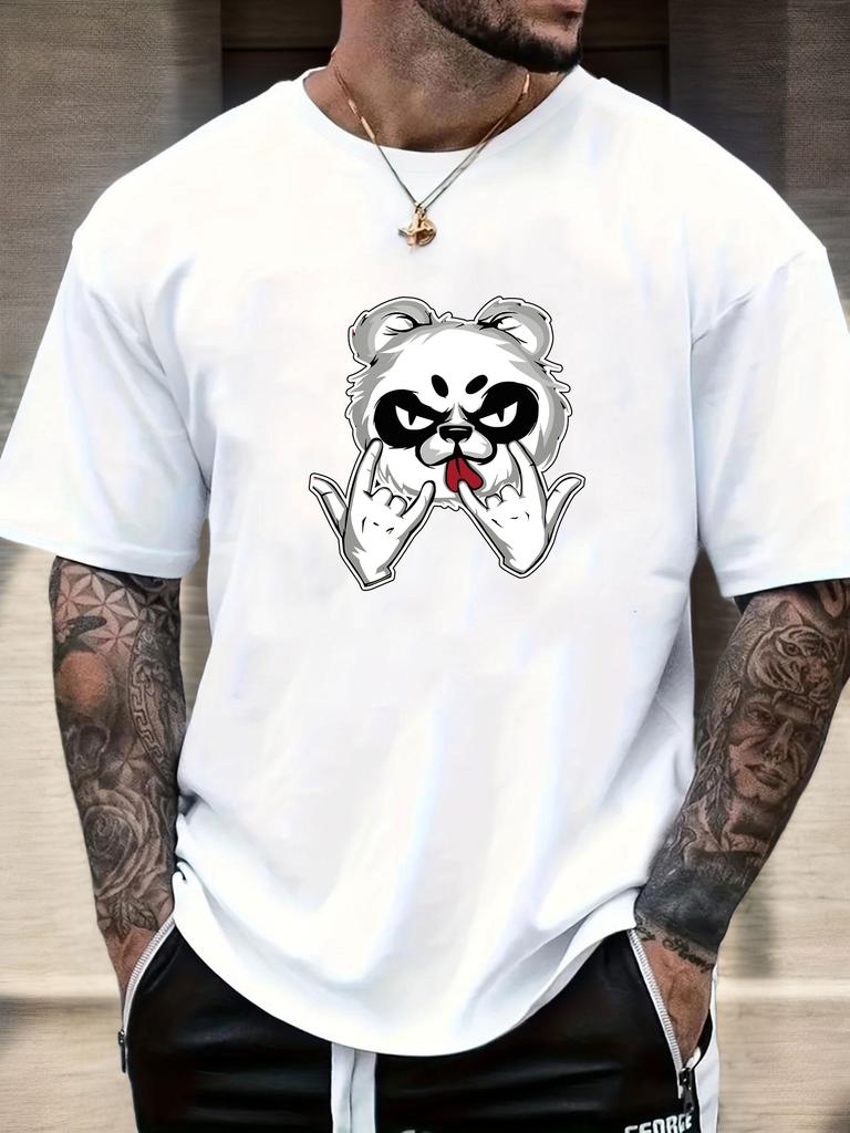 Mens Casual Tshirt Rock Panda Print Short Sleeve Round Neck Breathable Soft Oversized Edgy Trendy Daily Wear Tee