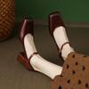 Spring 2025 new retro carved square head shallow mouth single shoes women's autumn one-word buckle brown high-heeled Mary Jane shoes