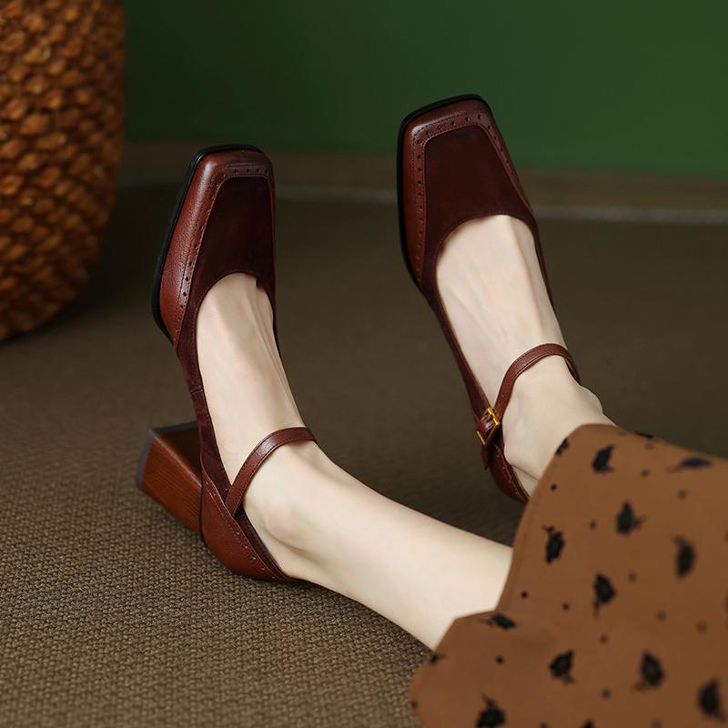 Pantofi unici cu toc înalt Mary Jane maro, cu cataramă cu o singură bară, cu vârf pătrat retro sculptat, cu gură adâncă, de primăvară 2025, pentru femei, de toamnă