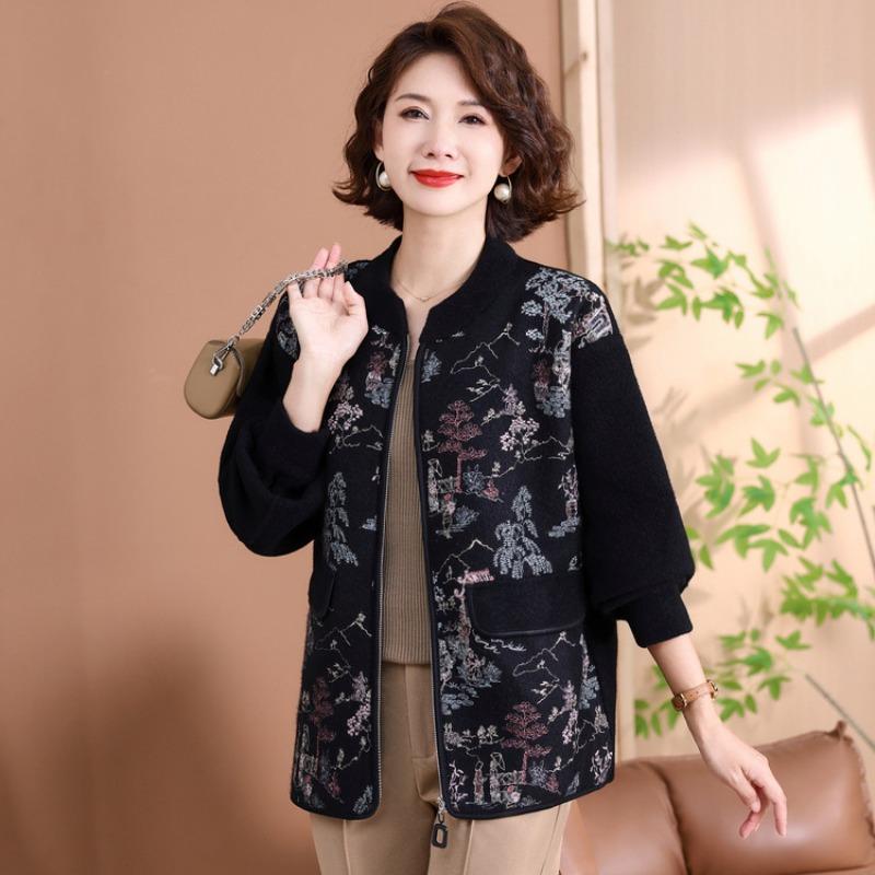 New middle-aged and old women's clothing with clothes printed large-size jacket, middle-aged mother autumn and winter knitted jacket