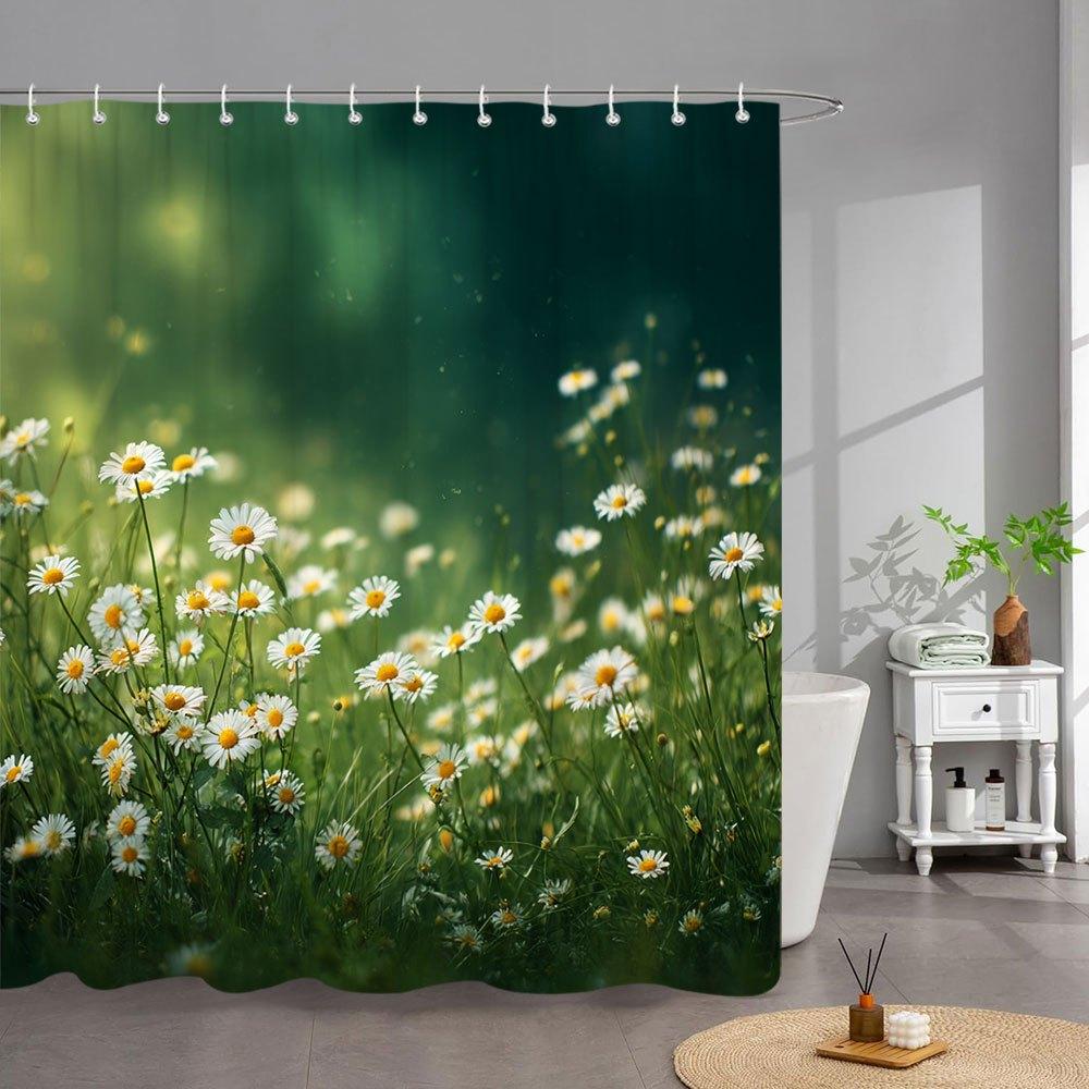 

1Pc Daisy Meadow Bath Curtain - Vibrant White Daisies & Sunlit Green Landscape, Machine Washable Polyester Shower Curtain With W60H190(CM)-1 Pcs