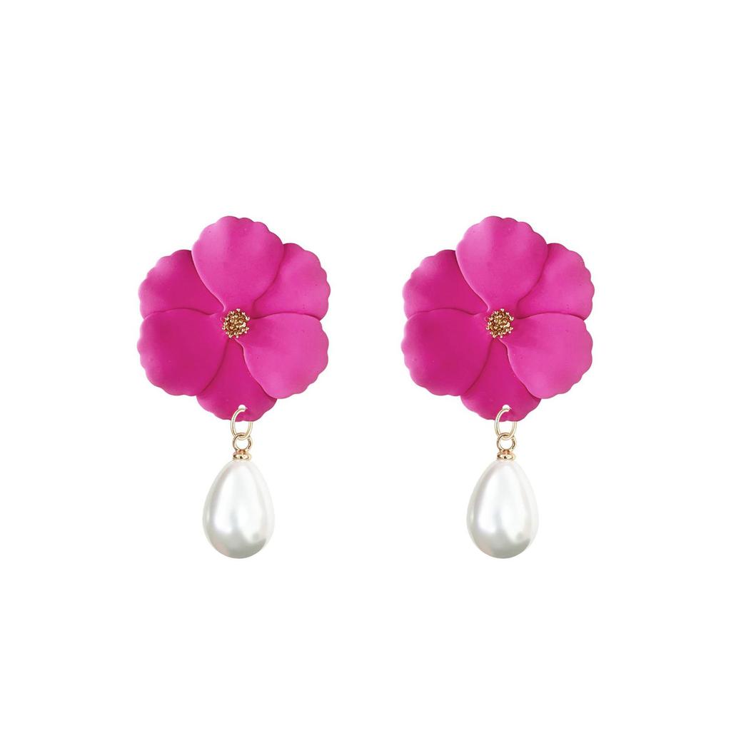 European Style Resin Pearl Flower Earrings with Girly Charm and Painted Floral Design