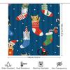 Blue Shower Curtain with Christmas Stockings and Cats Festive Bath Decorations for Bathroom