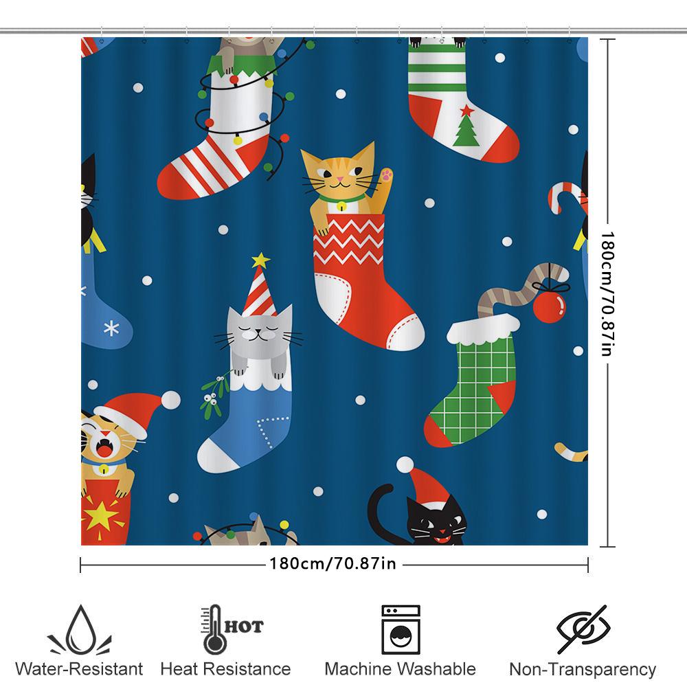 Blue Shower Curtain with Christmas Stockings and Cats Festive Bath Decorations for Bathroom