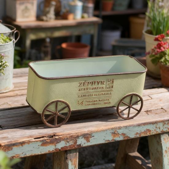 Yousheng Retro Metal Four-Wheeled Cart Decoration, Weather-Resistant Rusty Iron Cart Ornament, Potted Plant Succulents Display Rack for Living Room
