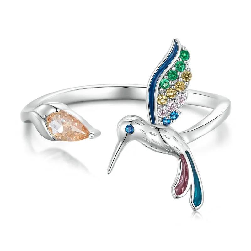 New Elegant Silver Color Hummingbird Opening Ring Colorful Zircon Adjustable Rings for Women Wedding Party Jewelry Birthday Gift